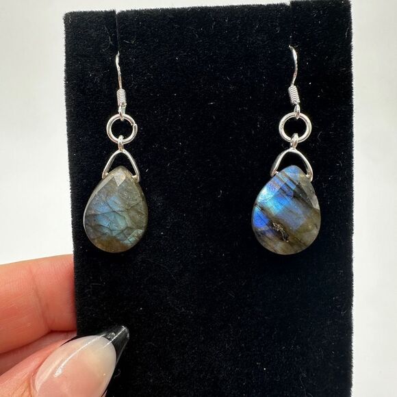 Blue Flash Faceted Labradorite Teardrop Dangle Earrings in Sterling Silver! - Picture 3 of 12